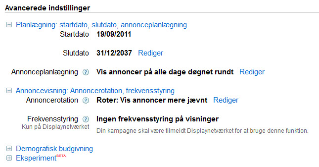 Google AdWords Avancerede indstilllinger
